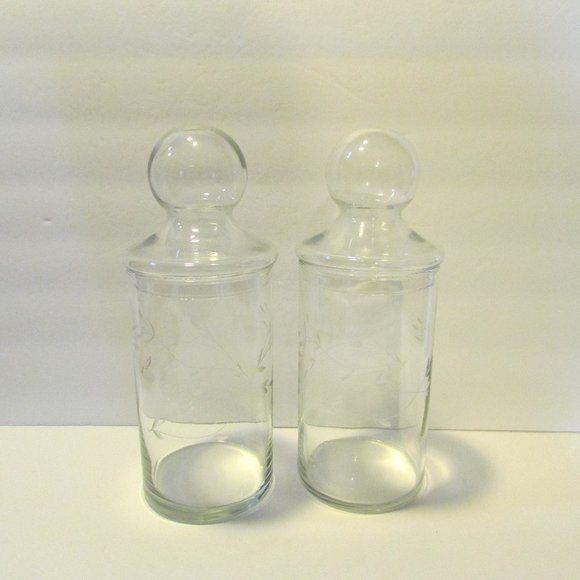 set vtg clear glass etched tall apothecary jars ball shaped lids grandmacore - Picture 8 of 13